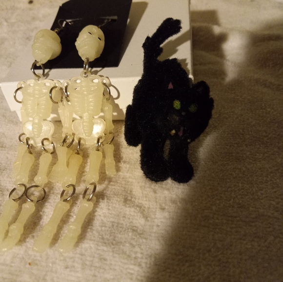 Used,not new plastic  5in. pierced  skeleton earrings & black  felted cat pin. - Picture 3 of 3
